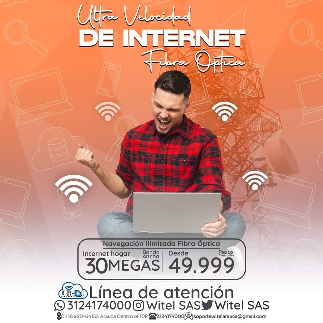 witelsas's tweet photo. Ya conocías el plan promocional que tenemos hoy para tí.?
Por solo 49.999 pesos disfruta de 30 megas de internet banda ancha. ¡Aprovecha, es por tiempo limitado!
#MasVelocidad #MasInternet #Arauca #Colombia #Internet #Conexion https://t.co/o0C4YH6jhl