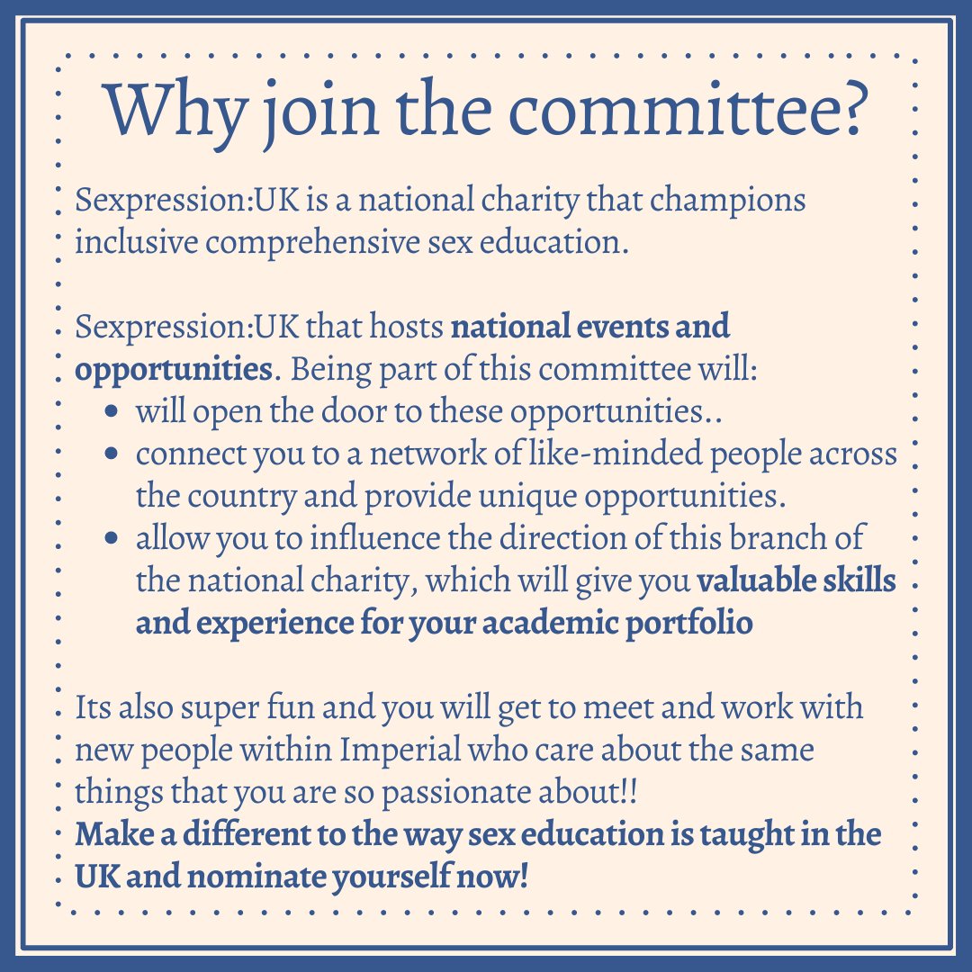 SexpressionICL's tweet photo. Elections are coming up fast! Nominations close 3rd of march!! 🤗 

Nominate yourself to be part of the 23/24 Sexpression Imperial Committee!🥰 https://t.co/MIlGEEF3ry