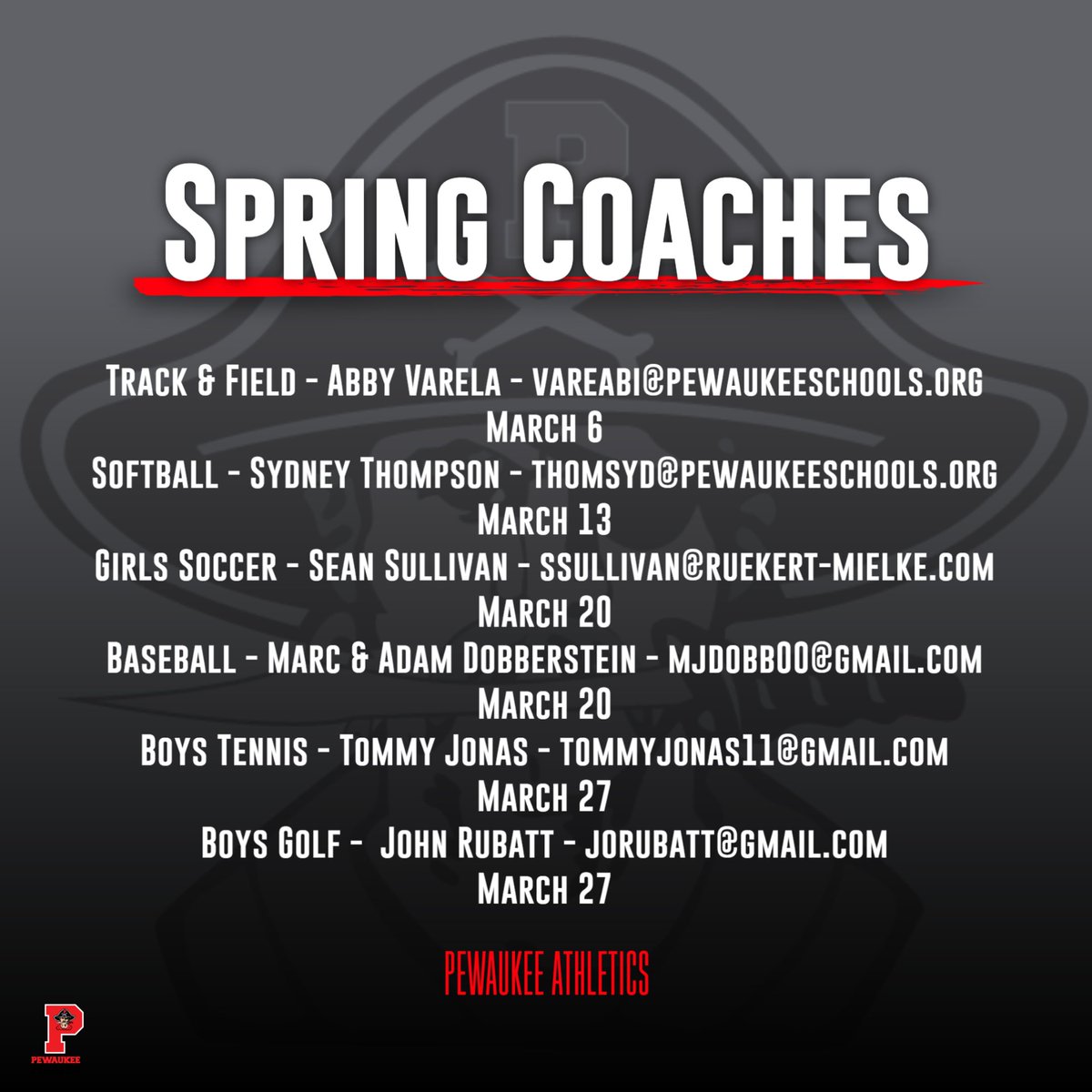 Pewaukee High School (@pewaukeehs) on Twitter photo Pewaukee Athletics will NOT be having the Spring Sports Meeting tonight.  If interested in a spring sport , here are the coaches contact info along with start dates for each spring sport.
If joining a sport be sure to register online on the Pewaukee Athletics webpage
@pewaukeesd Pewaukee Athletics will NOT be having the Spring Sports Meeting tonight.  If interested in a spring sport , here are the coaches contact info along with start dates for each spring sport.
If joining a sport be sure to register online on the Pewaukee Athletics webpage
@pewaukeesd