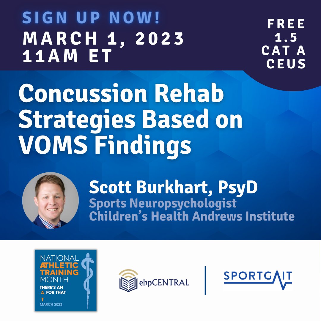 EbpCentral's tweet photo. 📢Join the 1100+ Athletic Trainers registered for this #AMAZING course with Dr. Scott Burkhart! 
Learn about
📉 the specific VOMS results
🏃‍♀️rehabilitation interventions coinciding with specific impairments
Don't Miss it! ✏️https://t.co/zJ3cqm8byX
Thanks to Sponsor @SportGait! https://t.co/G0gIkLPW03