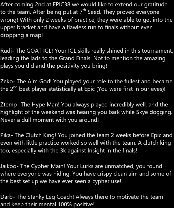 NiL_Esports's tweet photo. [#Valorant]

Words for our valorant team!

@rudivalorant 
@pikavall 
@ZekoVAL 
@1ztemp 
@jaikooHQ 
@darbw0w 

Heads up lads! You played amazing and worked so well together we are so proud to have you competing under our name! Until the next time We are the #7thSeed!
#YoureNext https://t.co/0zpsiG5ctg
