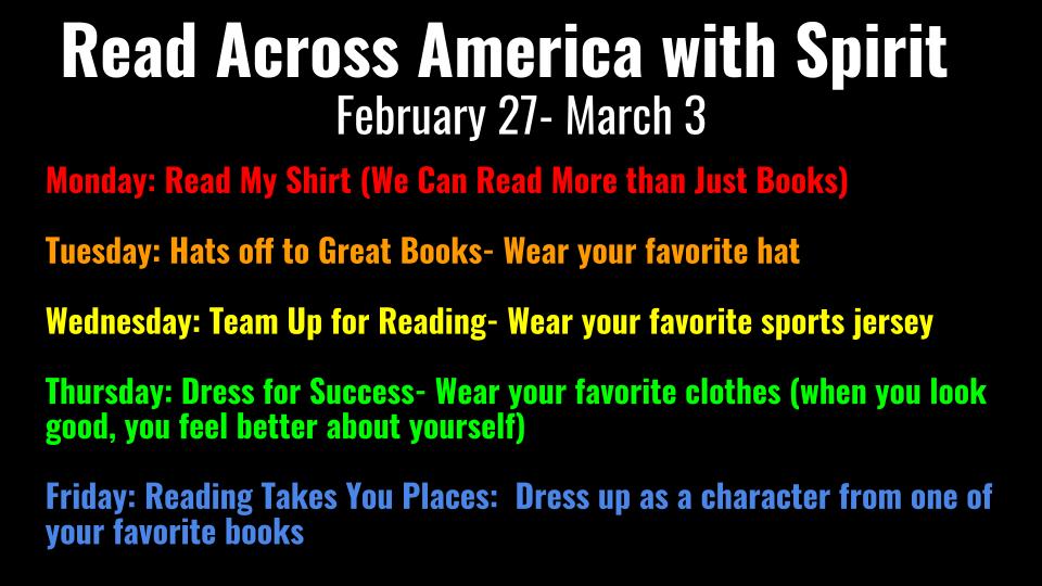 Note that changes have been made to Wednesday's and Thursday's spirit day attire.
#readacrossamerica