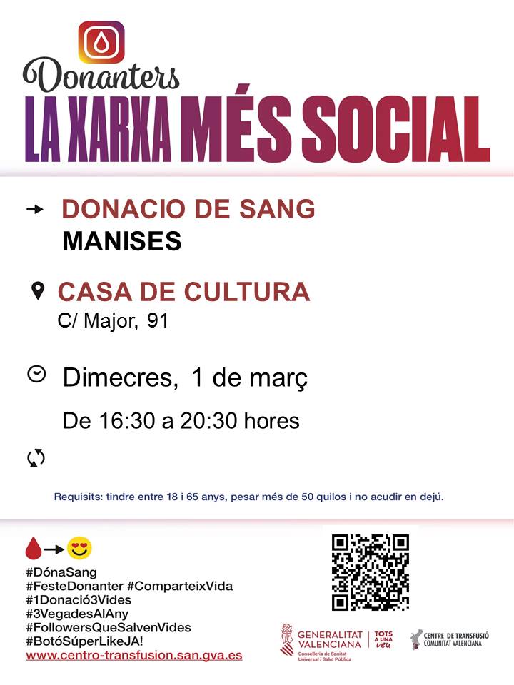 AytoManises's tweet photo. 📣 Tens una cita solidària a #Manises
📅Dimecres, 1 de març
⏱16.30 a 20.30 📍Casa de Cultura
❤ Dóna sang, dóna vida!
#DónaSang #FesteDonater #ComparteixVida #1Donació3vides https://t.co/OcYyI3nL6E