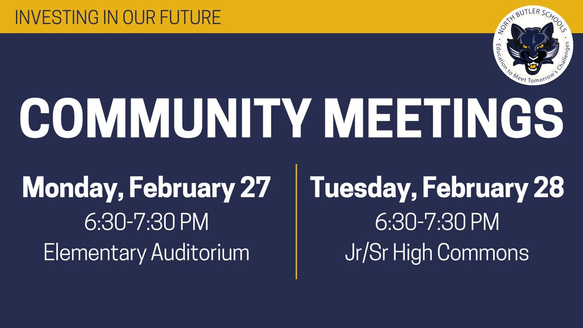 Tonight &amp; tomorrow, we’re hosting community meetings focused on the upcoming bond vote for North Butler schools. We hope you can join us!

Learn more: northbutlerplanning.org