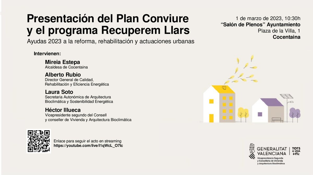 🗓️ El próximo miércoles 1 de marzo a las 10:30 sigue en directo el acto de presentación del #PlaConviure y del programa #RecuperemLlars 🏘️

➡️ La nueva convocatoria de #Ayudas2023 a la reforma, rehabilitación y actuaciones urbanas. 

🔴 youtube.com/live/I1qWcL_O7…