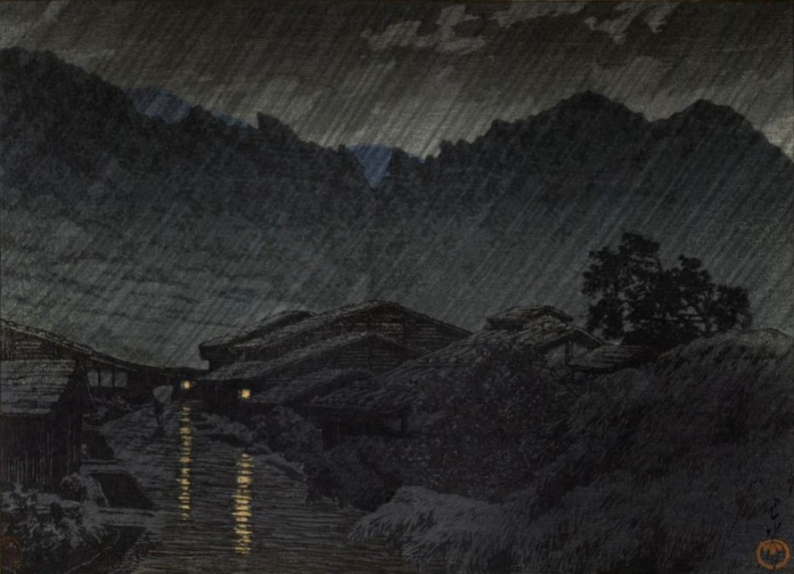みなさん、こんばんは。 画像は川瀬巴水「木曽の須原」 須原は木曽谷にある中山道39番目の宿場です。 旅人も寝静まる夜ふけに、激しく降りしきる雨音が今にも聞こえてきそうな 詩情あふれる作品です。 それではみなさん、おやすみなさい。