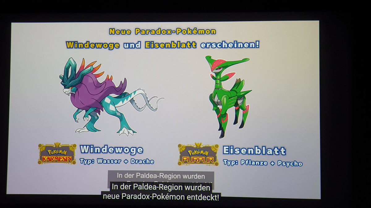 Bisafans's tweet photo. Zwei neue Pokémon wurden enthüllt: Windewoge für Karmesin und Eisenblatt für Purpur. Die Pokémon sind durch einen Tera-Raid verfügbar. Das Event dazu startet kurz nach der #PokemonPresents https://t.co/Mg3DiqwCqO