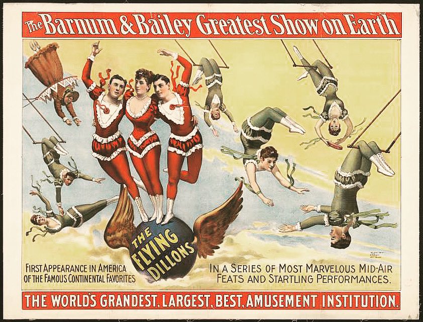 1895 Poster advertising the Barnum & Bailey #Circus featuring the Flying Dillons surrounded by other trapeze artists in a series of mid-air feats.