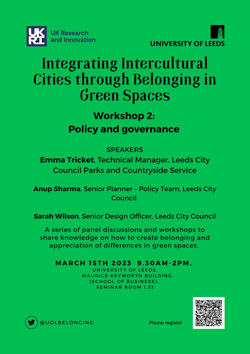 We will be holding the second workshop as part of our project “Integrating Intercultural Cities through Belonging in Green Spaces”. Tickets are now available on Eventbrite - to reserve your place please use the following link: eventbrite.com/e/belonging-in…
