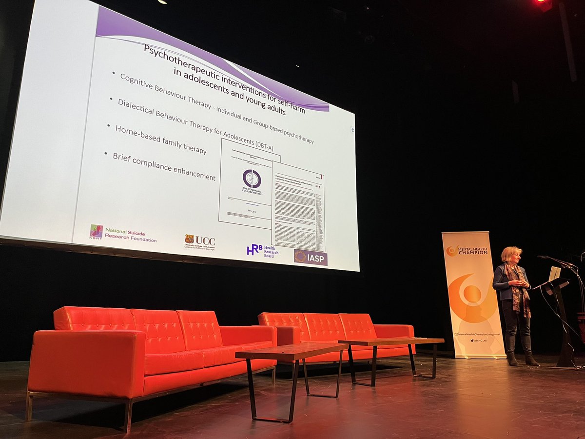 profsiobhanon's tweet photo. Prof Arensnan takes us through the interventions for self harm with supporting evidence.

DBT, CBT A, home based treatments - needs around 15 sessions.

Most of these interventions are difficult to obtain in NI (to say the least).

#GenerationHopeNI https://t.co/RhWRoEzaJf