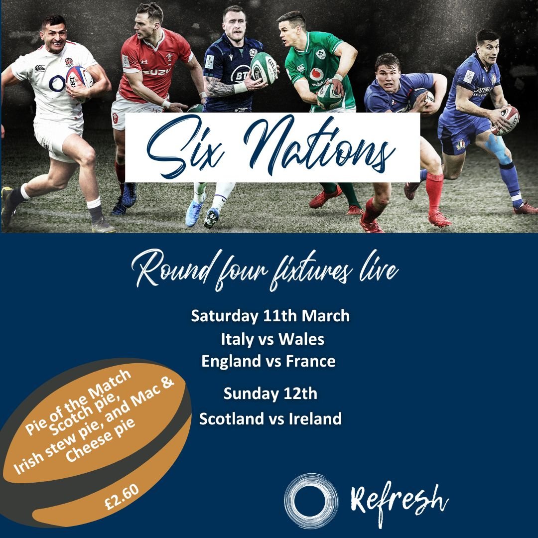 🌟Six Nations🌟
It is the fourth round of the six nations this weekend and Refresh will be screening all of the matches live🏉

Try our special pie and beer offer for £5 (Non-alcoholic alternatives available) 😍

#sixnations #campuseatsuofs