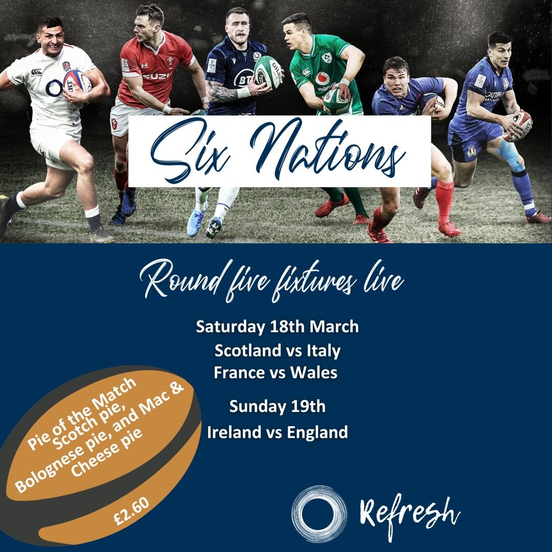 🌟Six Nations🌟
It is the fifth round of the six nations this weekend and Refresh will be screening all of the matches live🏉

Try our special pie and beer offer for £5 (Non-alcoholic alternatives available) 😍

#sixnations #campuseatsuofs