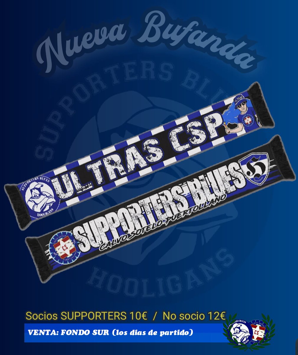 ‼️MATERIAL: 
Nueva bufanda ''SUPPORTERS BLUES''. 
💶Socio Supporters: 10€ / No socio: 12€ 
Ya disponible en el ''Fondo Sur'' los días de partido.