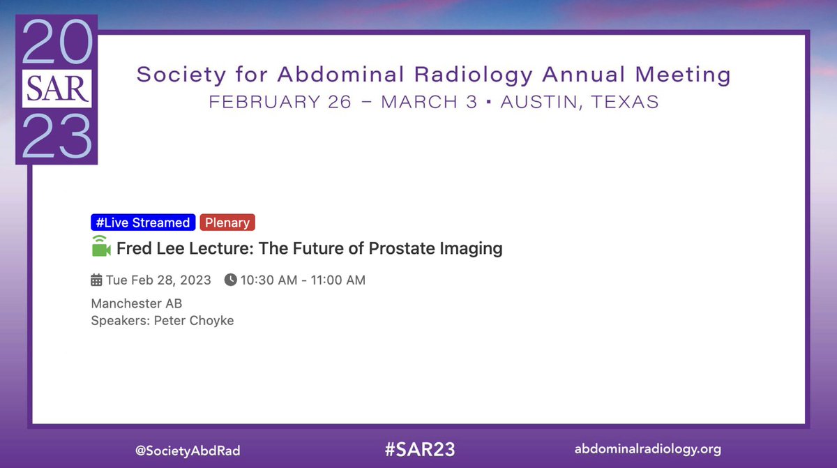 SAR Prostate DFP (@sar_prostatedfp) on Twitter photo Join us on Tues Feb 28 at 10:30 CST for the Fred Lee Lecture on The Future of Prostate Imaging at #SAR23 <a href="/SocietyAbdRad/">Society of Abdominal Radiology | SAR</a> <a href="/PChoyke/">Peter Choyke</a> #prostateMRI Join us on Tues Feb 28 at 10:30 CST for the Fred Lee Lecture on The Future of Prostate Imaging at #SAR23 <a href="/SocietyAbdRad/">Society of Abdominal Radiology | SAR</a> <a href="/PChoyke/">Peter Choyke</a> #prostateMRI