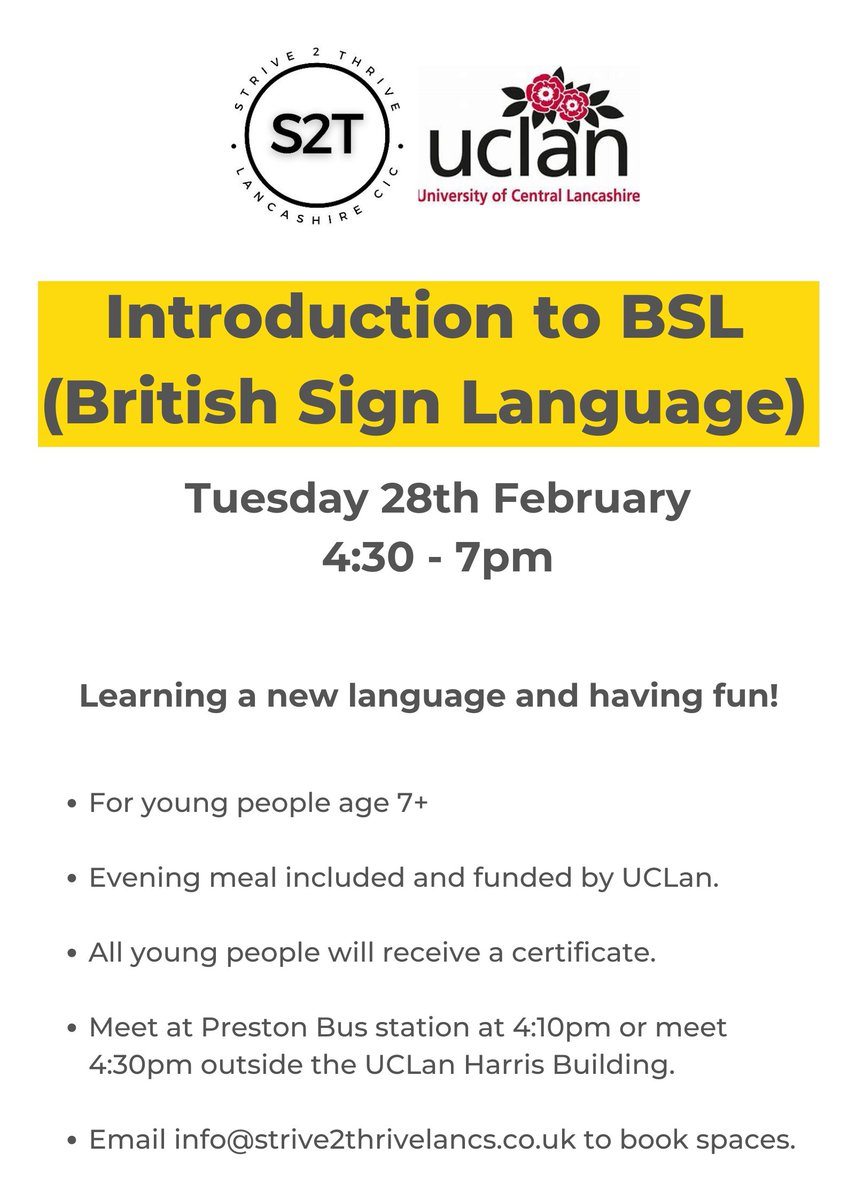 s2tlancs's tweet image. BOOK NOW - Only 4 spaces left!

Just one of the many workshops we have coming up with @UCLan - continuing to connect and inspire our #youngpeople.

What else? #Sports, #MulticulturalEvent, #MurderMystery, #Psychology , #Humanities and much more!

#britishsignlanguage #skills