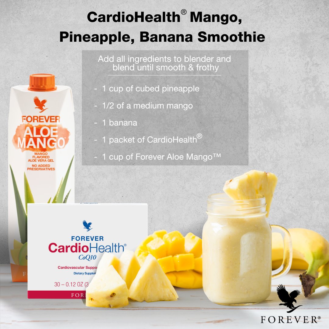 This Forever Cardiohealth® and Forever Aloe Mango™, pineapple, banana smoothie is a must-try!

#foreverlivingcardiohealth #foreverliving #cardiohealth #flp #supplements #aloe #aloerecipe