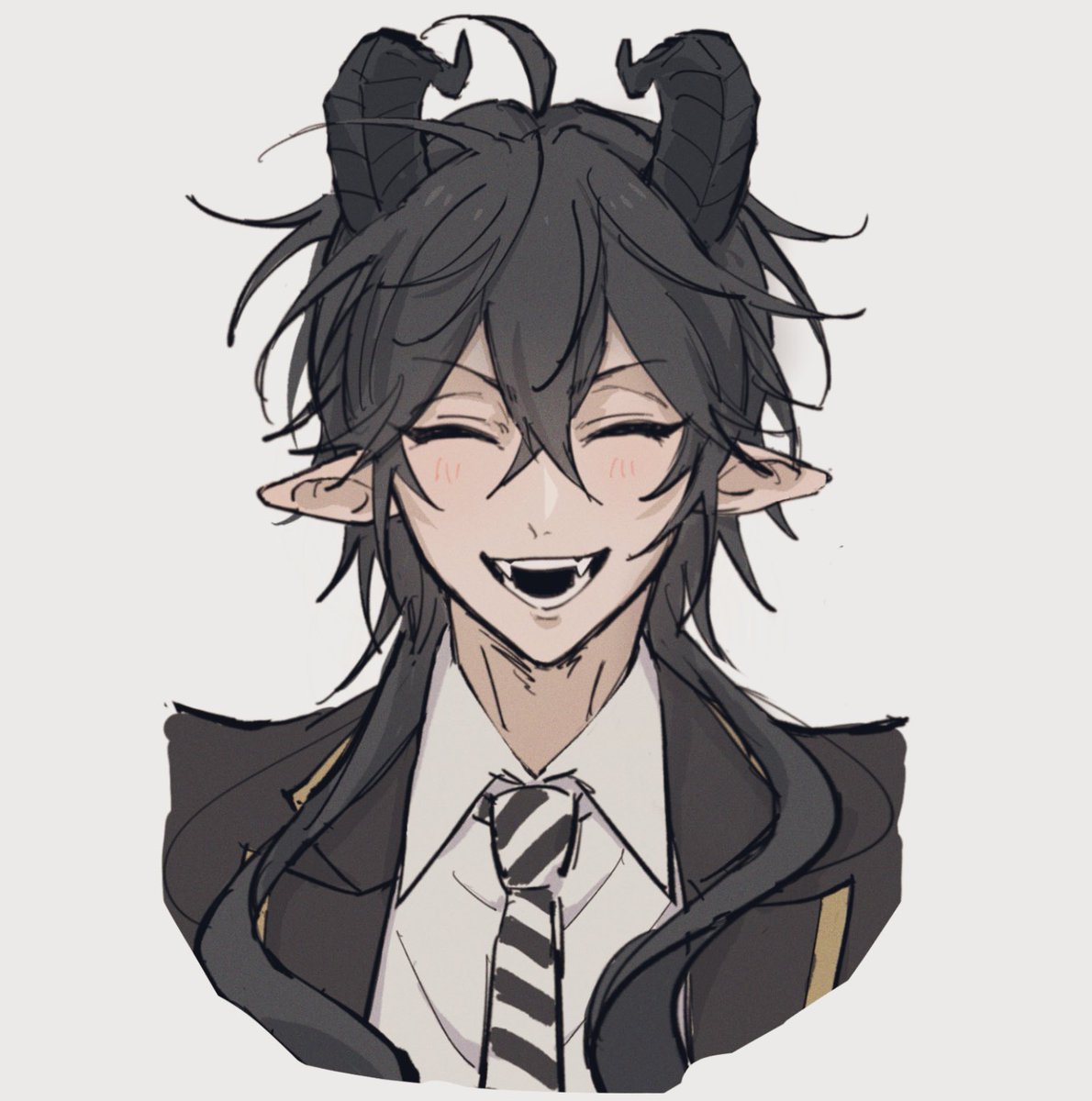 horns 1boy male focus closed eyes solo pointy ears black hair  illustration images