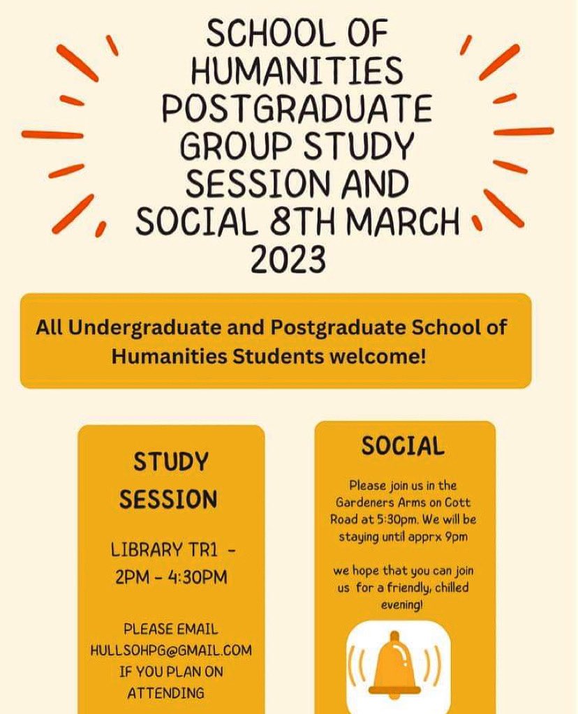 HullSoHPG's tweet photo. 📣 The School of Humanities PG committee are hosting a study session and social on Wednesday 8 March. All students from English, History, Creative Writing and American Studies are welcome! 

📍 Study Session - Library TR1 
⏰ 2-4:30pm 

📍Social - Gardeners 
⏰ 5:30-9pm https://t.co/baJnwfA9fw