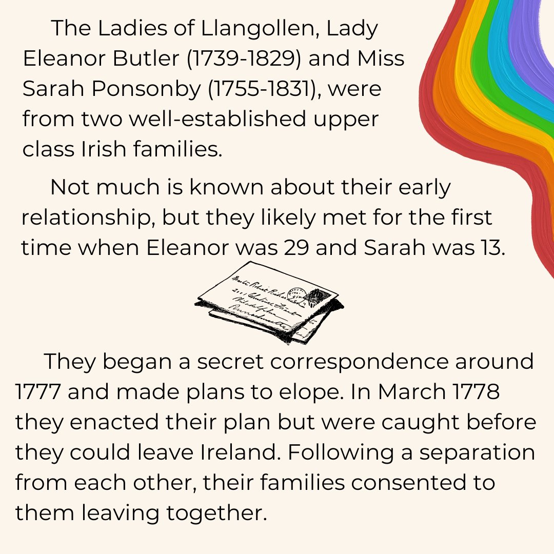 StAndrewsHist's tweet photo. Our next #LGBTIcons to celebrate #LGBTHistoryMonth are The Ladies of Llangollen. Lady Eleanor and Miss Sarah were from upper-class Irish families and after one failed attempt to elope, they were able to settle in Llangollen, Wales until their deaths. https://t.co/h8kxGslGxj
