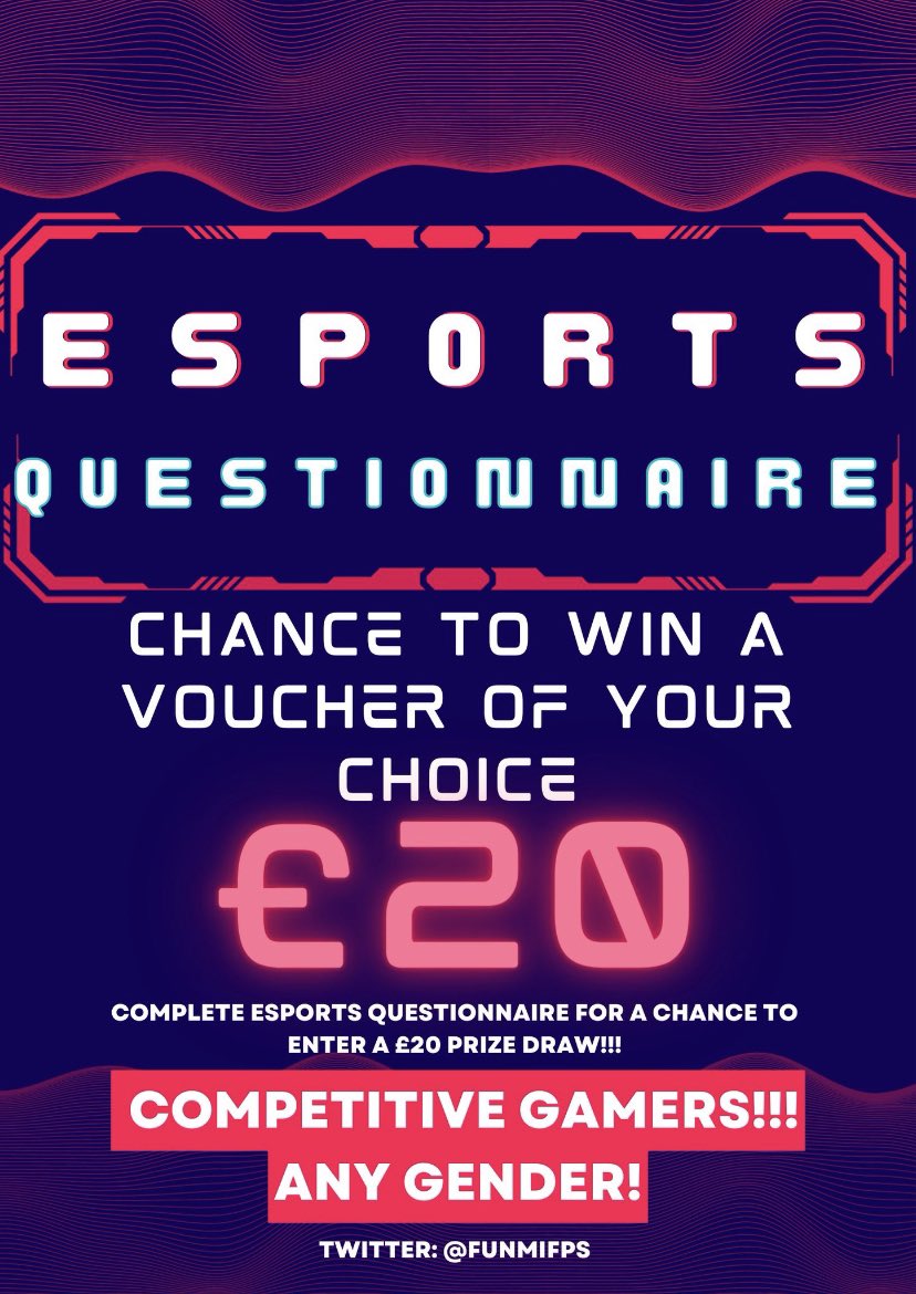 Ends in 2 days!!! Any competitive gamers want a chance to win £20! Just need to complete an esports based questionnaire. DM me for the link. #esports #competitivegamer #twitch #kick #gamingcommunity