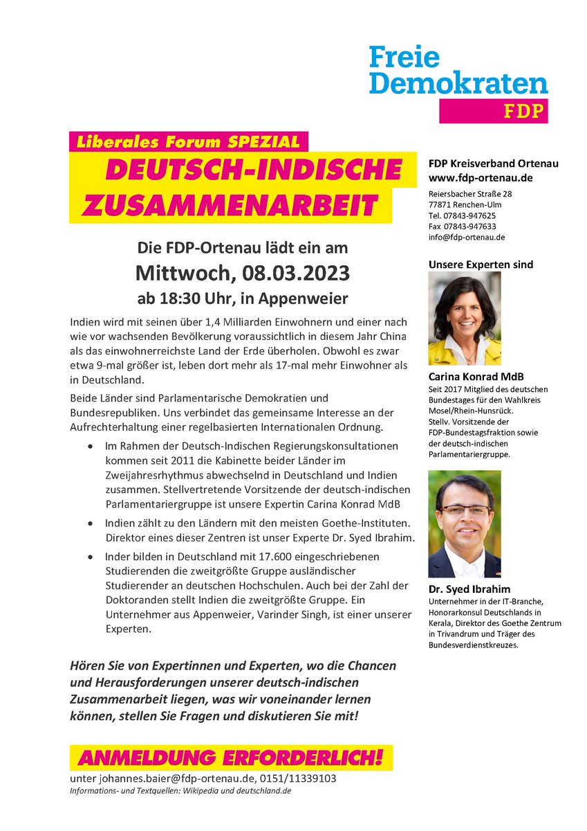 Herzliche Einladung zum Vortrag des liberalen Forum Ortenau 'Deutsch-Indische Zusammenarbeit' am Mittwoch, 8.3.2023 in Appenweier