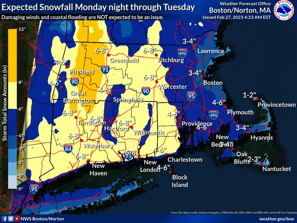 MassEMA's tweet image. A plowable snowfall event is expected overnight thru Tuesday evening.

🚗⚠️🌨️ Hazardous travel expected during the Tuesday AM commute – if you must be on the road, take extra caution and make sure your car is stocked with emergency supplies: bit.ly/3SzUN1C 

#MAsnow