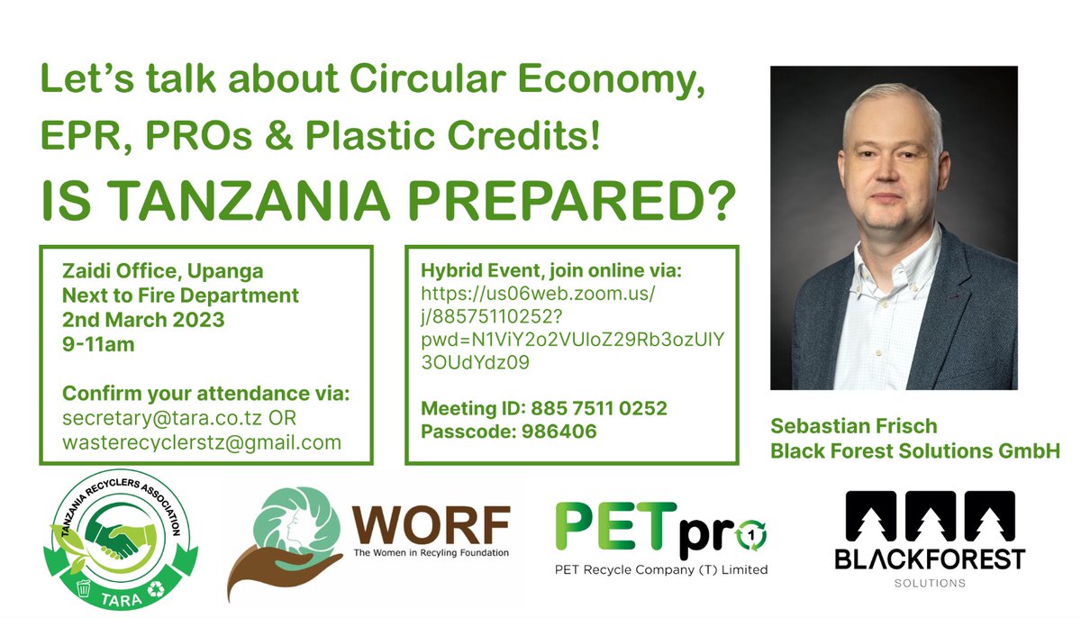 Tanzania Recyclers is inviting you to a scheduled Zoom meeting.
Topic: Lets talks about Circular Economy,EPR,PROs &amp; Plastic Credits, is Tanzania Prepared?
Time: Mar 2, 2023 09:00 AM Nairobi
Join Zoom Meeting
us06web.zoom.us/j/88575110252?…
Meeting ID: 885 7511 0252
Passcode: 986406