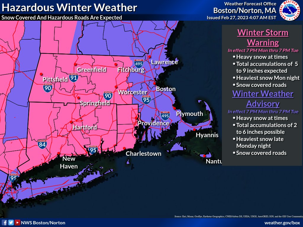 MassEMA's tweet image. A plowable snowfall event is expected overnight thru Tuesday evening.

🚗⚠️🌨️ Hazardous travel expected during the Tuesday AM commute – if you must be on the road, take extra caution and make sure your car is stocked with emergency supplies: bit.ly/3SzUN1C 

#MAsnow