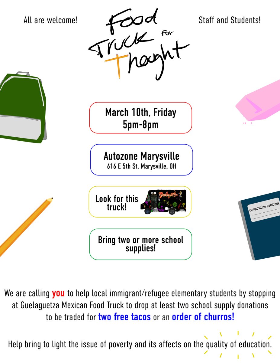 Yr. 3 MHS Global Scholar Camila Pablo is collecting supplies to welcome immigrant students to the district elementary schools as part of her Take Action project. Visit the food truck! See details below. <a href="/KenChaffin/">Ken Chaffin</a> <a href="/MrsKRMorgan/">Katie Morgan</a> <a href="/spwillia/">Shawn Williams</a>