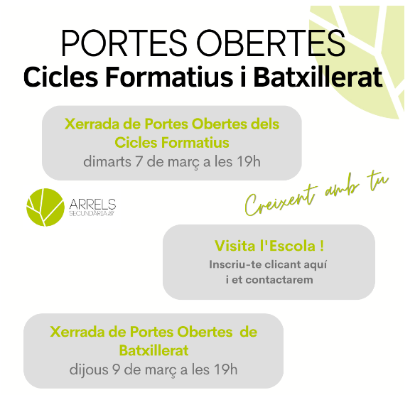 Informació de portes obertes dels estudis postobligatoris de la nostra Escola (batxillerat i cicles formatius).

Us podeu apuntar fent clic a aquest enllaç: shorturl.at/jpJ28