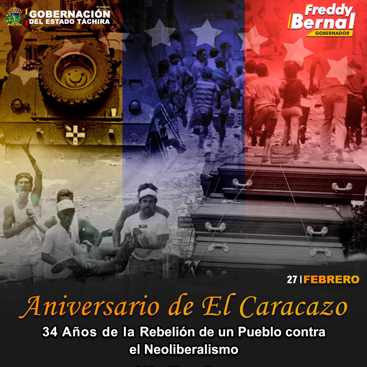 Hoy #27F se cumplen 34 años de #ElCaracazo, día de la Rebelión Popular y Antiimperialista que puso fin al puntofijismo y donde el pueblo rebelde marcó el camino de la democracia participativa y encendió la llama de la Revolución Bolivariana.
#27FRebelionAntimperialista