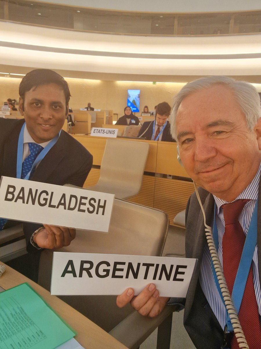 Argentina and Bangladesh  <a href="/BDPM_Geneva/">Permanent Mission of Bangladesh, Geneva</a> are members of the <a href="/UN_HRC/">UN Human Rights Council</a> and this year we seat next to each other in the historic Room XX. We feel now even closer as today 🇦🇷 is reopening its Embassy in  Dhaka. Looking forward to strengthening our relations!