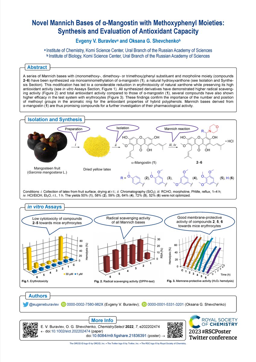 We are glad to participate in the 2023 #RSCPoster Twitter Conference.

We carried out the synthesis and evaluation of antioxidant capacity of novel ɑ-mangostin derivatives.
#RSCOrg #RSCChemBio