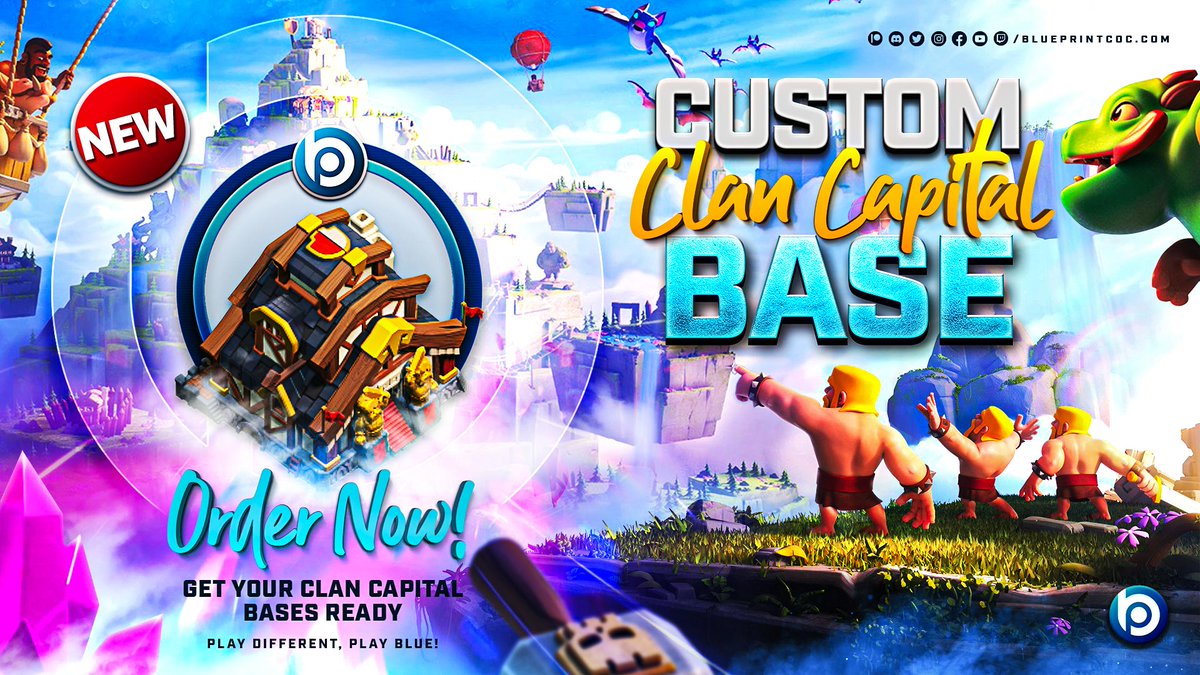 Hey everyone! Our New Service announcement is here! 🥳

BLUEPRINT CLAN CAPITAL BASES 

Enjoy crazy defenses while your opponents waste tons of hits on your Unique Blue Base! 💪

Our builders will come and build the custom Capital for YOU! 🤩

More info 🔽
blueprintcoc.com/Clan-Capital-C…