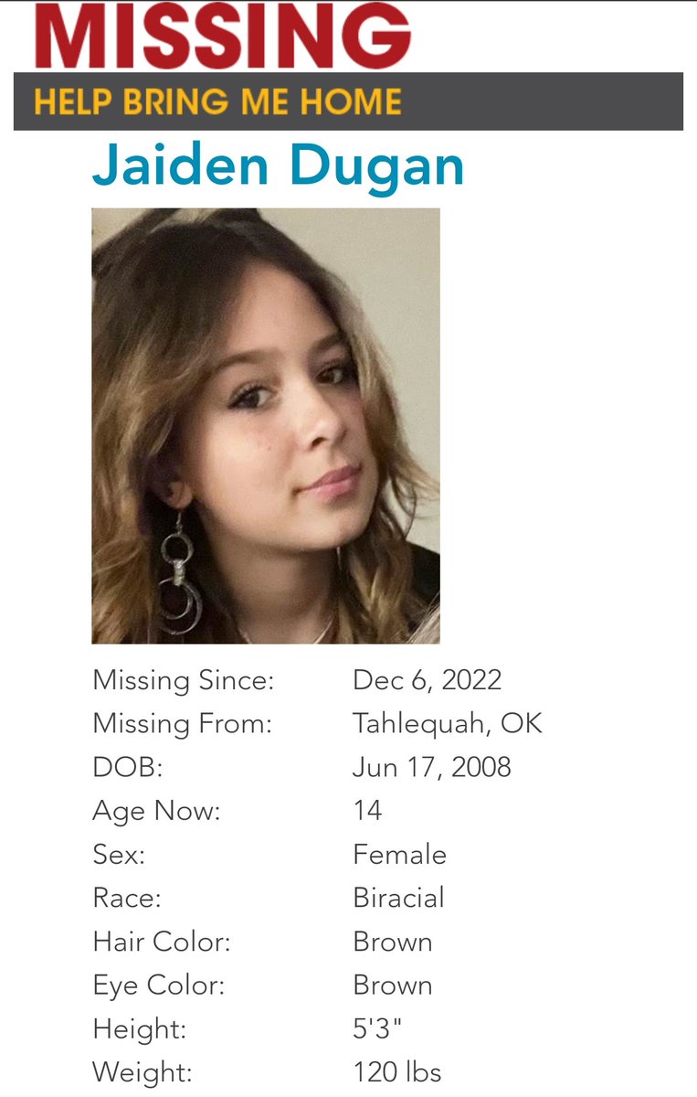 OwlEyes4Missing's tweet image. 🚨 MISSING 🚨

#JaidenDugan #Tahlequah #Oklahoma #MissingMonday #MissingPosterMonday 

Please Share!