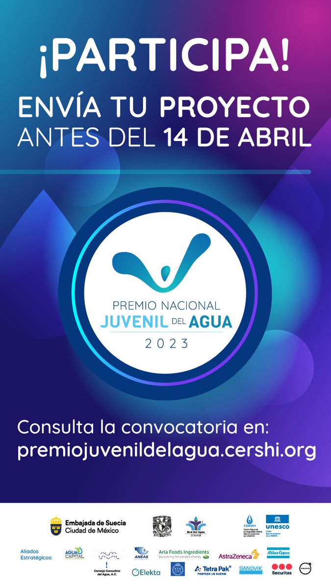 El Premio Nacional Juvenil del Agua es organizado por la Universidad Nacional Autónoma de México, a través de la Red del Agua UNAM, el Centro Regional de Seguridad Hídrica bajo los auspicios de UNESCO y la Embajada de Suecia en México.
premiojuvenildelagua.cershi.org #SomosCECyTE