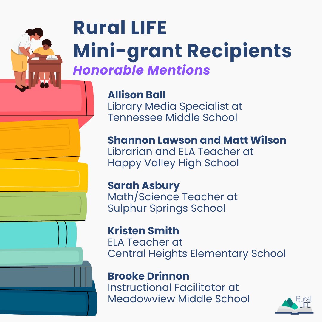 Because educators submitted such stellar applications to the 5 Years, $5,000 Mini-grant Competition, Rural LIFE awarded 5 additional mini-grants for $3,000 each! 

Congratulations to our Honorable Mentions mini-grant recipients!