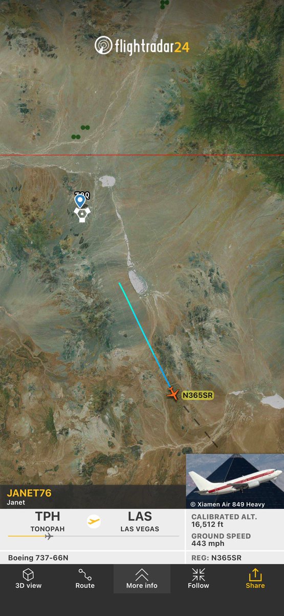 N365SR's tweet photo. Flight from Tonopah to Las Vegas
https://t.co/uNARneE1SU #N365SR #JANET76 #JANET #TONOPAH #TONOPAHTESTRANGE #TTR  #KTNA #FR24 https://t.co/TVUxpzWtLc