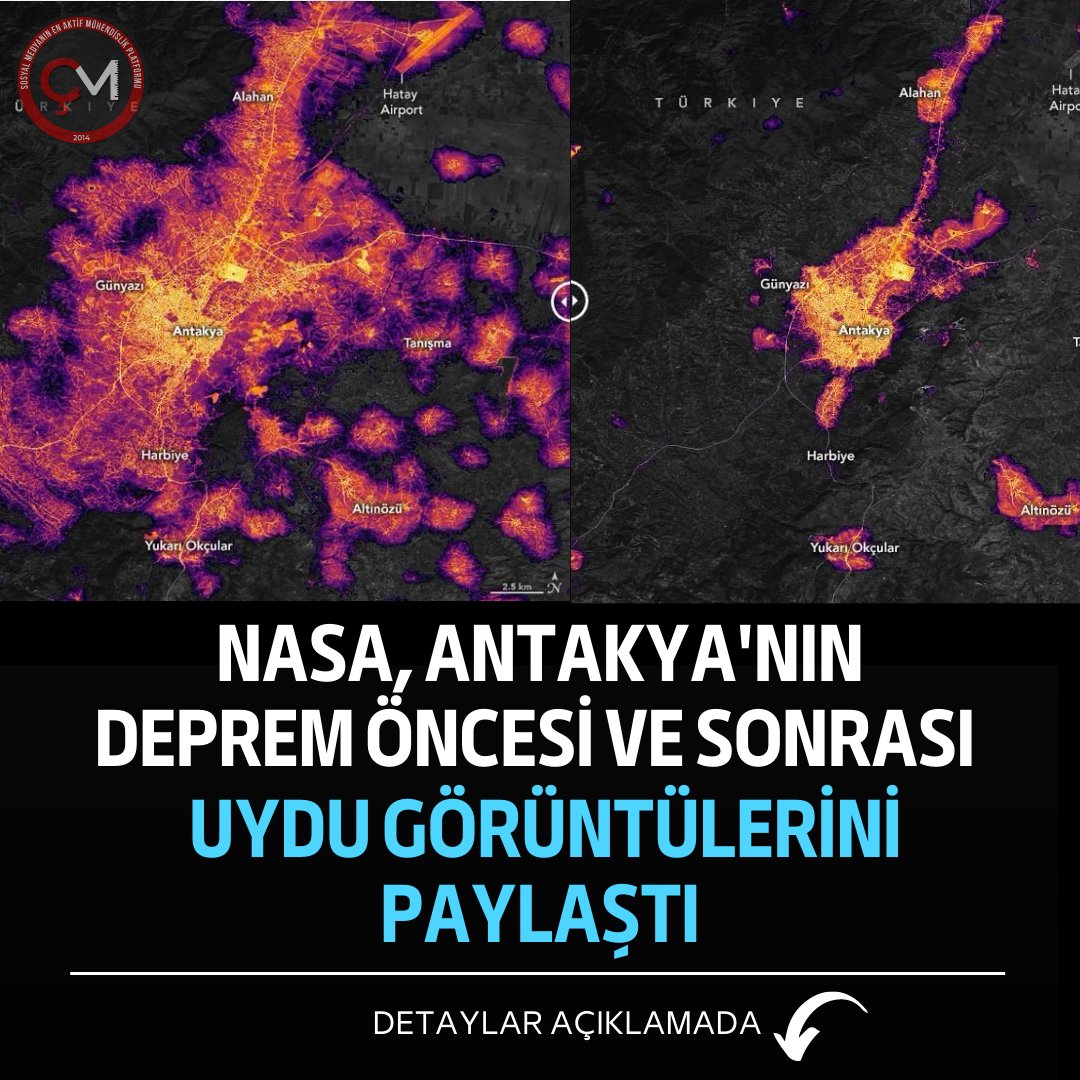 NASA, Antakya'nın deprem öncesi ve sonrası uydu görüntülerini paylaştı. Deprem sonrası şehrin elektrik kullanımındaki azalma sebebiyle paylaşılan bu görüntüler depremin ne denli bir etki bıraktığını da açık bir şekilde gösteriyor.
-
#deprem #uydu #nasa #kızılötesi #hatay