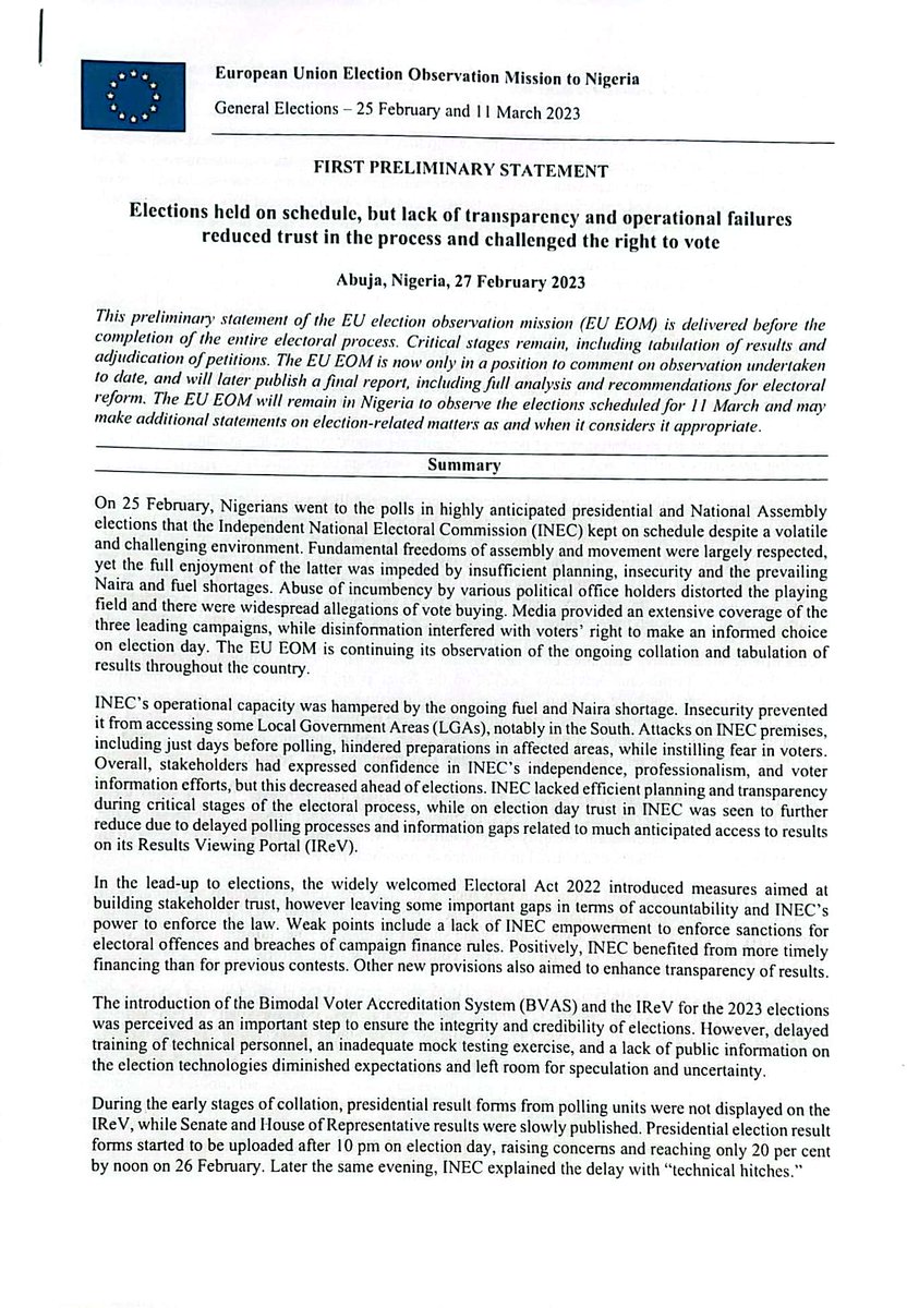 EUinNigeria's tweet image. The Chief Observer, EU Election Observation Mission, Mr Barry Andrews has today in Abuja presented his team's preliminary report. Follow this link to read the preliminary report bit.ly/3KYnhRh