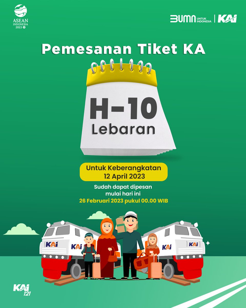 KAI121's tweet photo. Pemesanan tiket KA masa angkutan lebaran utk keberangkatan tgl. 12 April 2023 (H-10 Lebaran), sudah bisa dilakukan hari ini, mulai pkl. 00.00 WIB. 

Pemesanan dapat dilakukan via KAI Access, https://t.co/sQEDaS6e2r, Contact Center 121 &amp; mitra resmi KAI.

#KAI121
#MudikNaikKereta https://t.co/Q93oqpq7w4