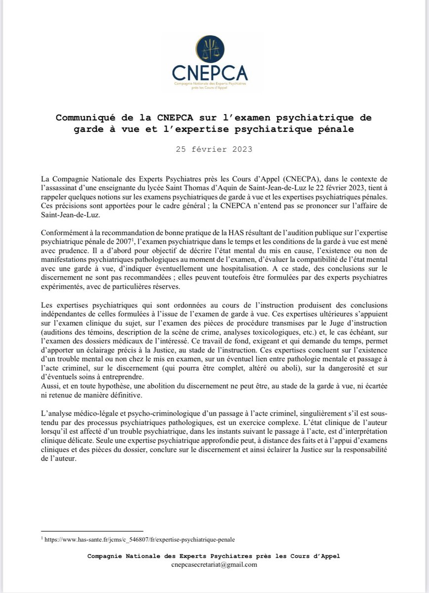 ManuelOrsat's tweet photo. Communiqué de la #CNEPCA sur l’examen psychiatrique en garde à vue et l’expertise psychiatrique pénale ⁦@lemondefr⁩ ⁦@libe⁩ ⁦@Le_Figaro⁩ ⁦@OuestFrance⁩ ⁦@sudouest⁩ ⁦@franceculture⁩ ⁦⁦@franceinfo⁩ ⁦ https://t.co/wSuE1QbiAi