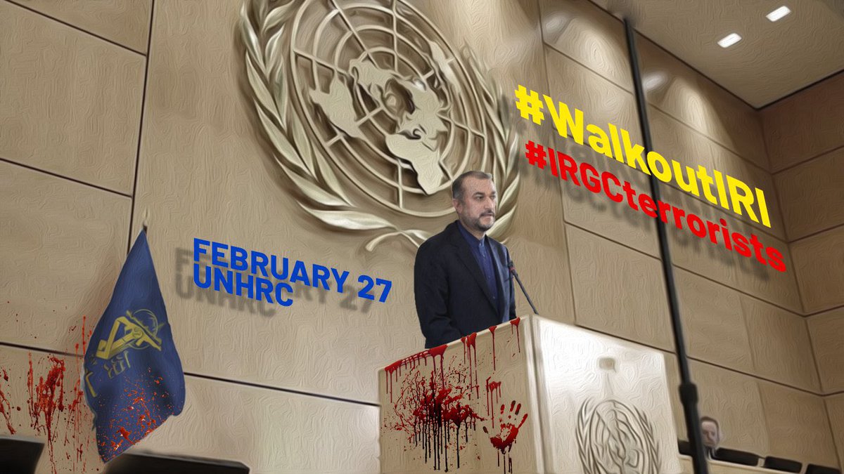 We, Iranian people sincerely ask foreign ministers of all countries to support #IranRevolution by walking out of the hall when the Islamic Republic regime's foreign minister, Amir Abdollahian wants to speak at UNHRC on February 27. #WalkoutIRI