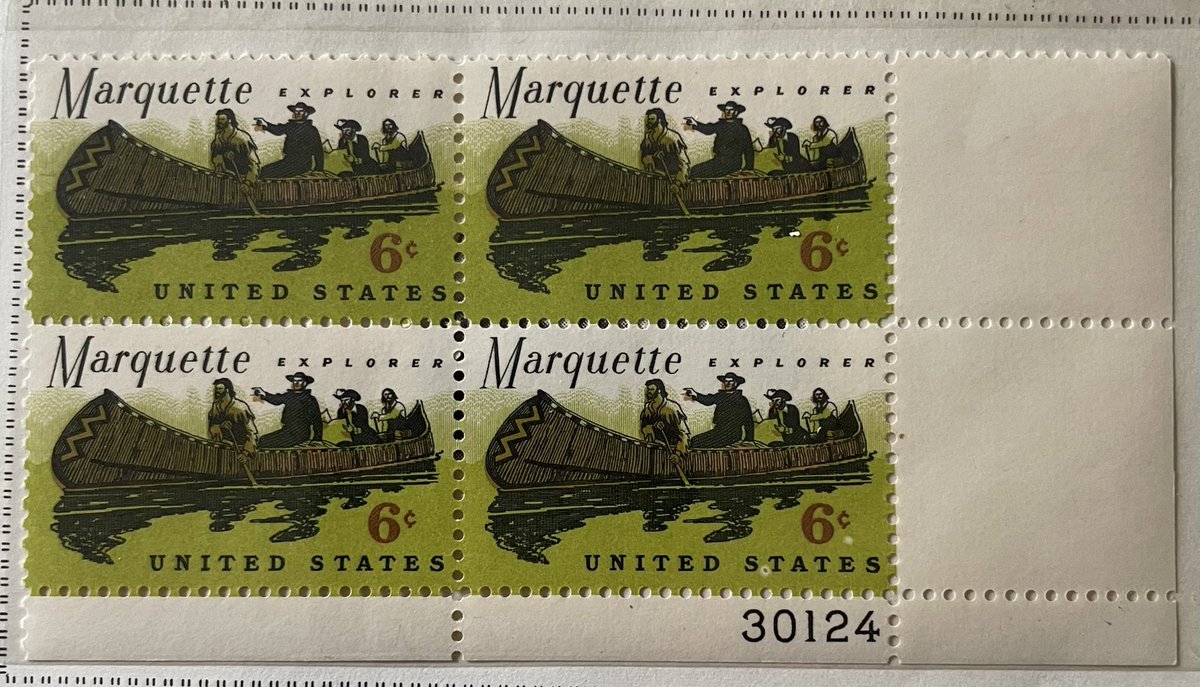 kjmr97FM's tweet photo. #usstamps #usps . A #uspostalservice #plateblock of four 1968 Marquette 6-cent #stamps. Issued for the 300th anniversary of Sault Ste. Marie, Michigan, established in 1668 by Father #jacquesmarquette , French explorer-missionary. https://t.co/AJLsh4Q1Z8