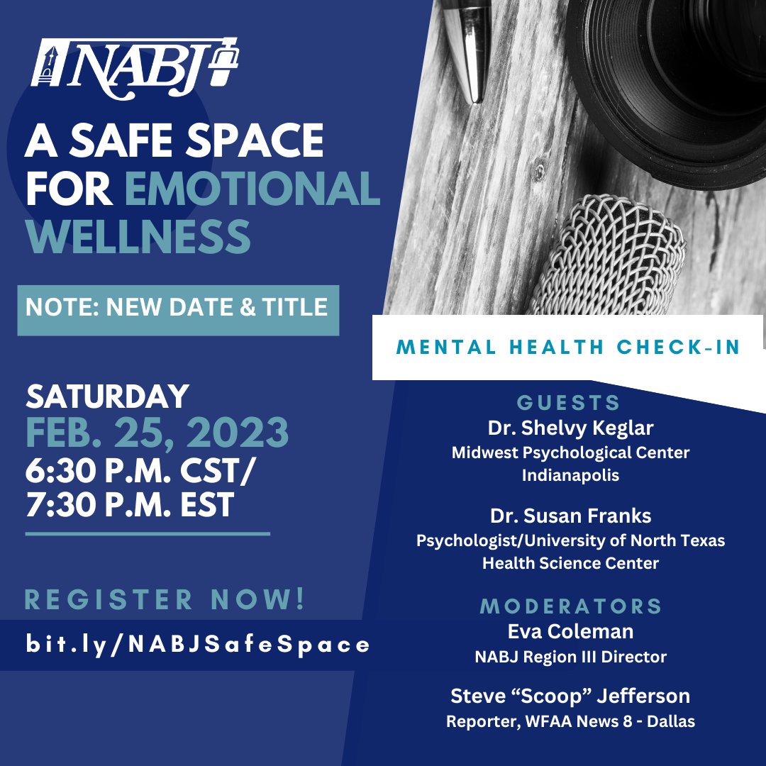 #NABJ Headquarters ✊🏾🖊️🎙️💻 📷 🎥 📝 🔈 (@nabj) on Twitter photo Join us tonight⏰7:30p EST/6:30p CST for a safe space to share & hear from mental health experts on ways to cope.
Panel: <a href="/evadcoleman/">Eva D. Coleman</a>, <a href="/scoopjefferson/">Scoop Jefferson</a>, Dr. Shelvy Keglar & Dr. Susan Franks. Please take a moment to CLICK on the link HERE bit.ly/NABJSafeSpace to register. Join us tonight⏰7:30p EST/6:30p CST for a safe space to share & hear from mental health experts on ways to cope.
Panel: <a href="/evadcoleman/">Eva D. Coleman</a>, <a href="/scoopjefferson/">Scoop Jefferson</a>, Dr. Shelvy Keglar & Dr. Susan Franks. Please take a moment to CLICK on the link HERE bit.ly/NABJSafeSpace to register.