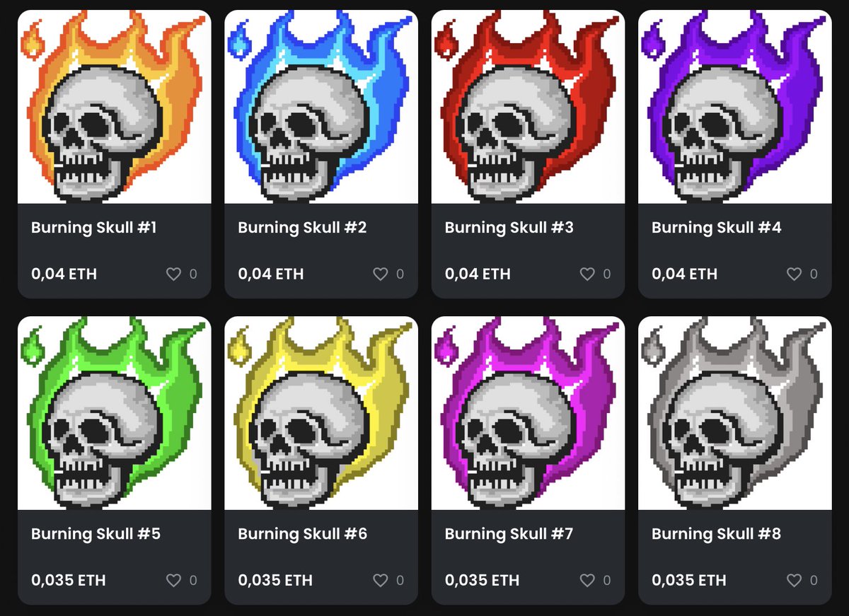 LanceNFT6's tweet photo. Our new nft collection Burning Skull has just been released, check it out now!
https://t.co/Wy3I4RPqTg
#NFT #NFTCommunity #opensea #pixelart #nft https://t.co/Fb7iKBEy6m