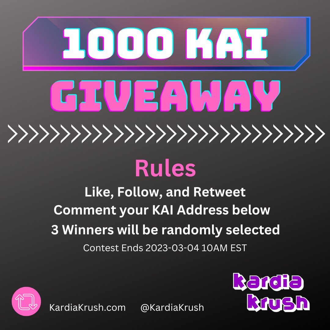 ⚠️ $KAI Giveaway Alert ⚠️

🎁 1000 $KAI 🎁

Rules: #Like, #Follow, #Retweet, comment your $KAI Address below

#GiveawayAlert #Giveaway
#Kardiachain #KardiaWallet