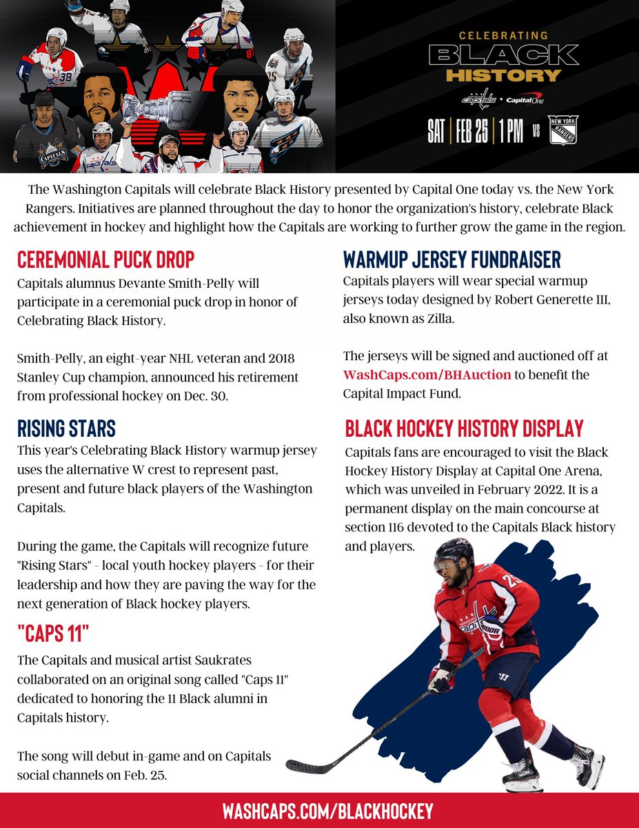 MEDIA INFORMATION: #CapsRangers marks the @Capitals Celebrating Black History game presented by @CapitalOne. Players will wear special warmup jerseys designed by @Rob_Zilla_III that will be auctioned off by @MSEFndn to benefit the Capital Impact Fund, nhl.com/capitals/news/……