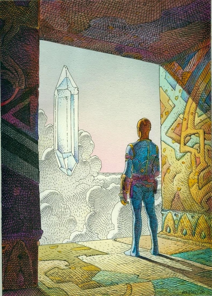 looking out at a large, translucent crystal floating in the sky above a sea of clouds