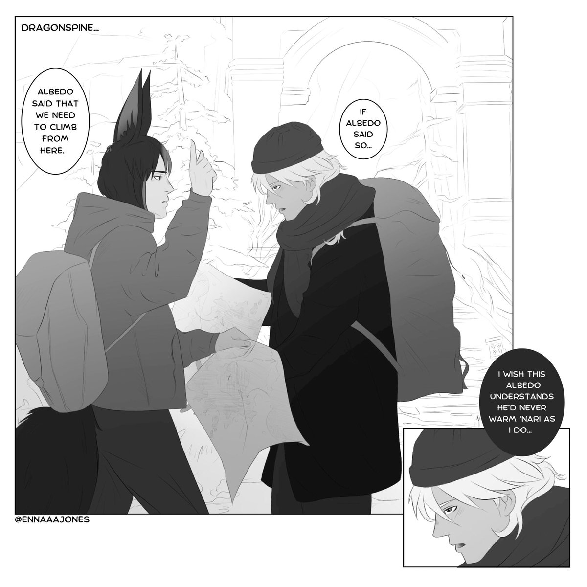 ennaaajones's tweet photo. A little trip at Dragonspine and a bit of Albedo in somebody’s head maybe 🤔🏔
#GenshinImpact #Genshinfanart #Tighnari #Cyno #fanart #cynari https://t.co/KwFosZlzP5